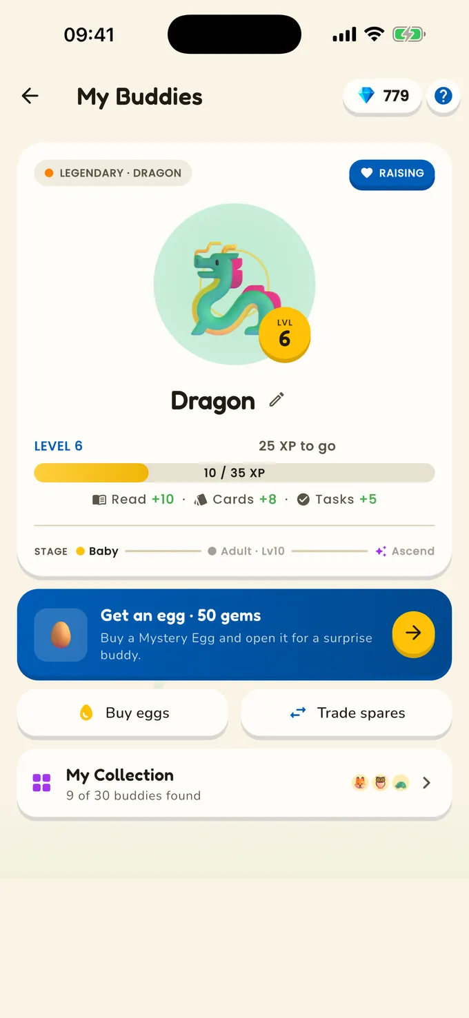 The My Buddies screen: a level-6 legendary Dragon with an XP bar fed by reading, flashcards and tasks.