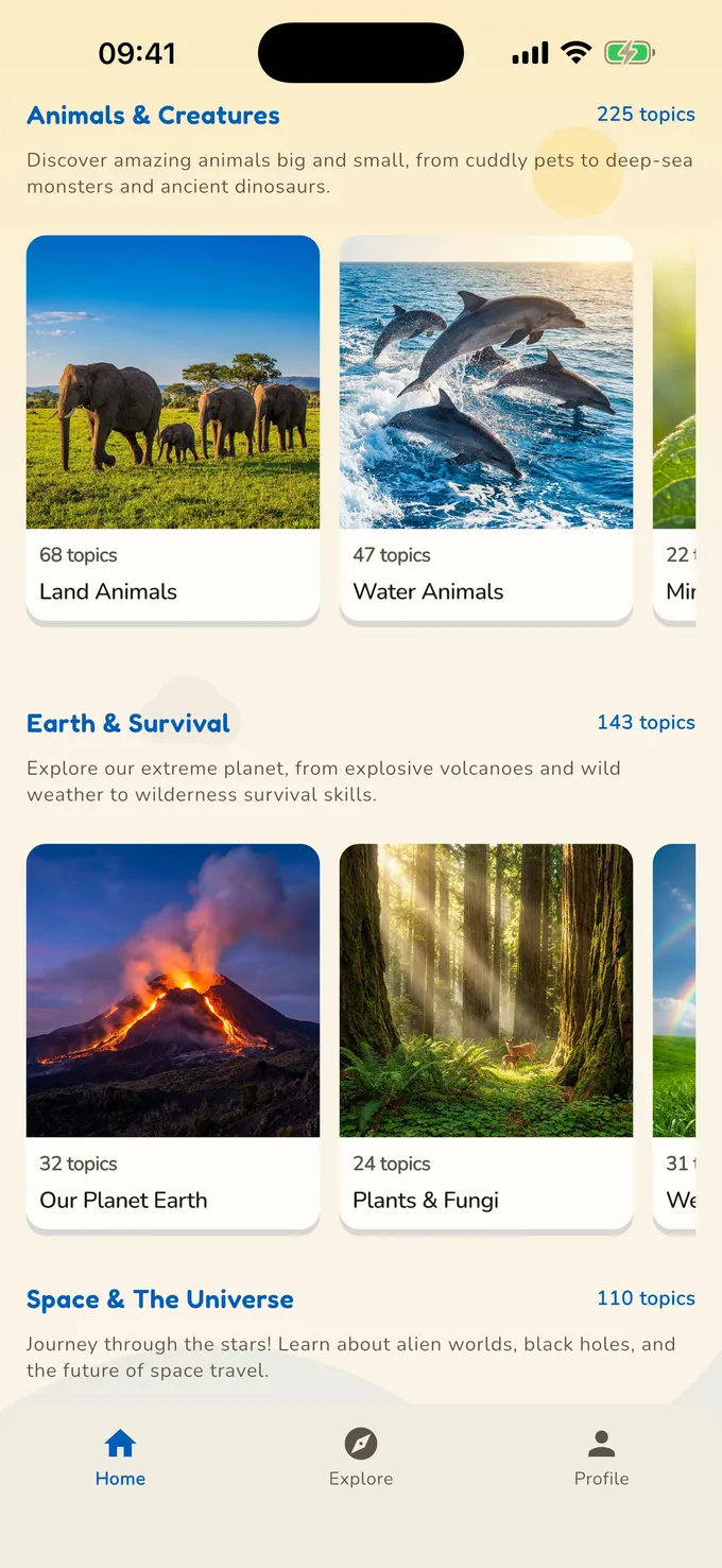 The app home screen: photo tiles for categories like Land Animals, Water Animals, Our Planet Earth and Plants & Fungi, each with its topic count.