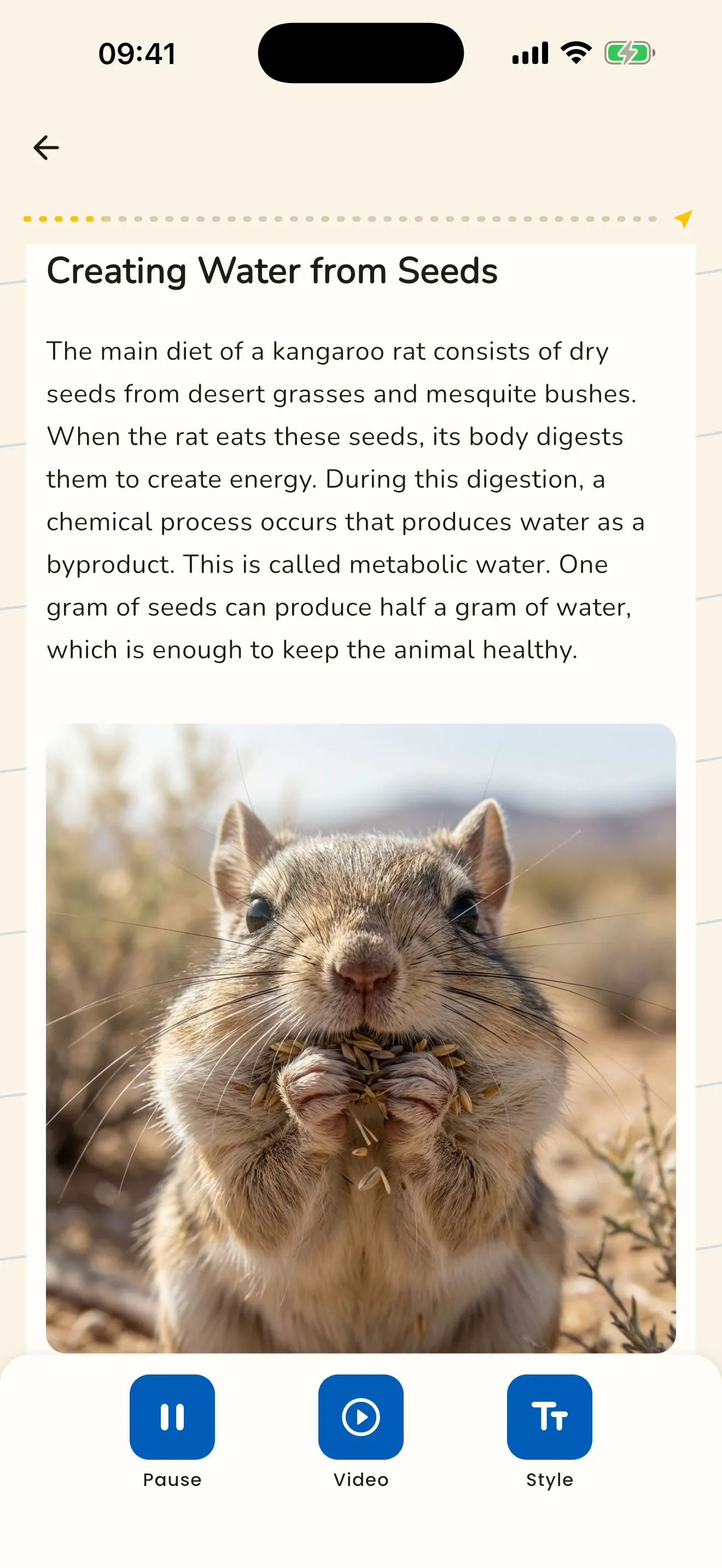 A topic open in the Encyclopedia app, with pause, video, and style controls