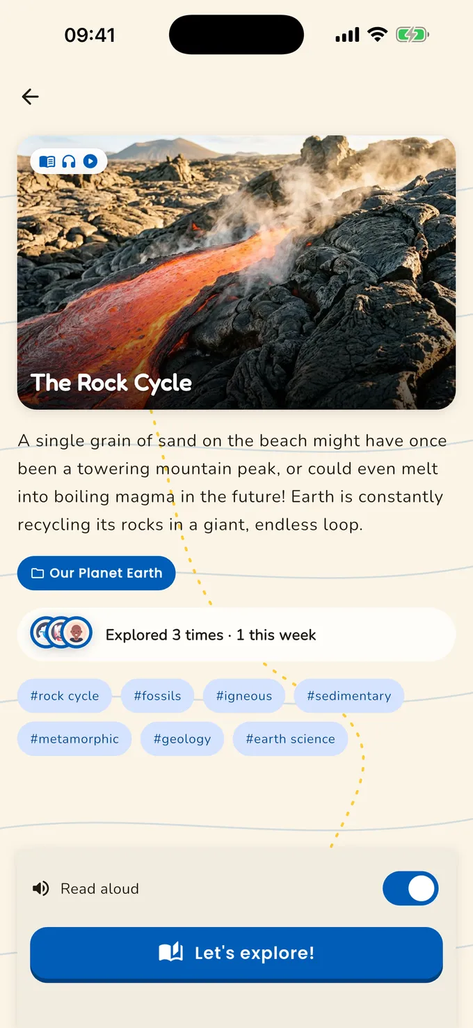 A topic page for The Rock Cycle: cover photo, a short readable intro, read-aloud toggle, and a "Let's explore" button.